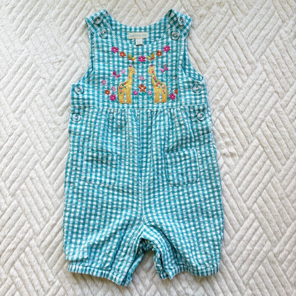 JoJo Maman Bebe 12-18M Gingham Giraffe Embroidered Bubble Romper Aqua